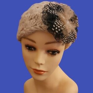 HANDMADE Beige Gold Metallic Floral Scallop Knit Headband with Feather Rosette